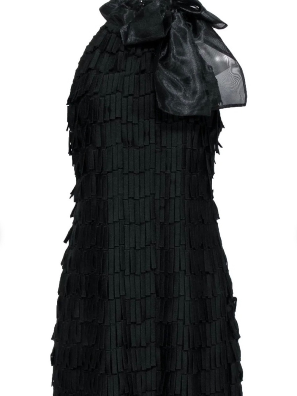 Milly Black Fringe Halter Dress with Bow Neck